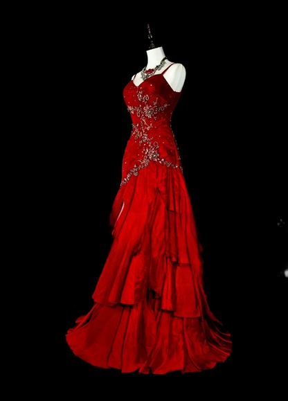 Fairy Red Long Prom Dresses Satin Spaghetti Straps Sheath Evening Dresses Applique Sleeveless Party Dresses ED06241