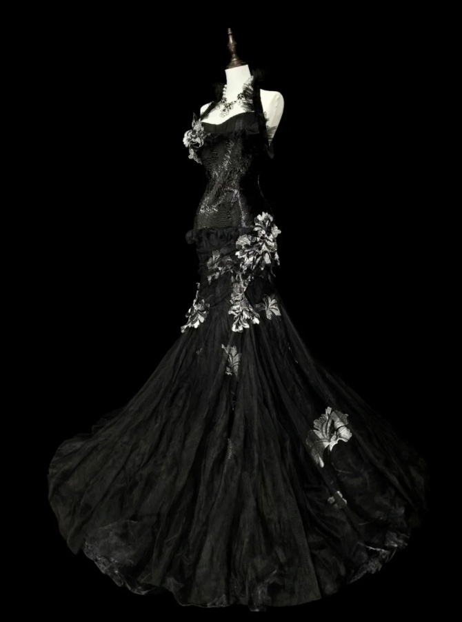 Fairy Black Long Prom Dresses Tulle Halter Mermaid Evening Dresses Applique Sleeveless Party Dresses ED06242