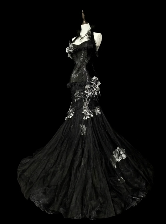 Fairy Black Long Prom Dresses Tulle Halter Mermaid Evening Dresses Applique Sleeveless Party Dresses ED06242