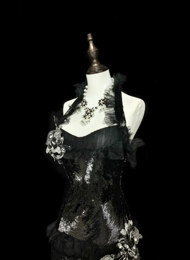 Fairy Black Long Prom Dresses Tulle Halter Mermaid Evening Dresses Applique Sleeveless Party Dresses ED06242