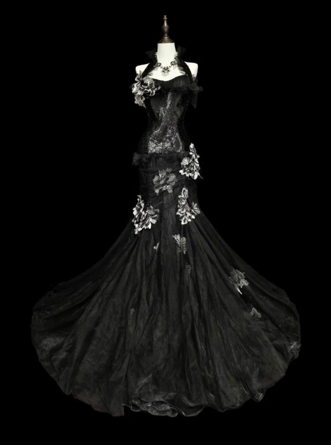 Fairy Black Long Prom Dresses Tulle Halter Mermaid Evening Dresses Applique Sleeveless Party Dresses ED06242