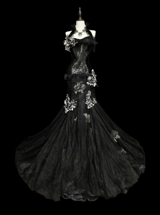 Fairy Black Long Prom Dresses Tulle Halter Mermaid Evening Dresses Applique Sleeveless Party Dresses ED06242