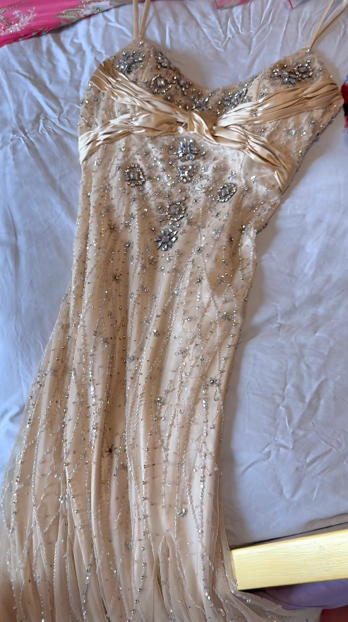 Vintage Gold Long Prom Dresses Chiffon Spaghetti Straps Sheath Evening Dresses Beaded Sleeveless Party Dresses ED06243