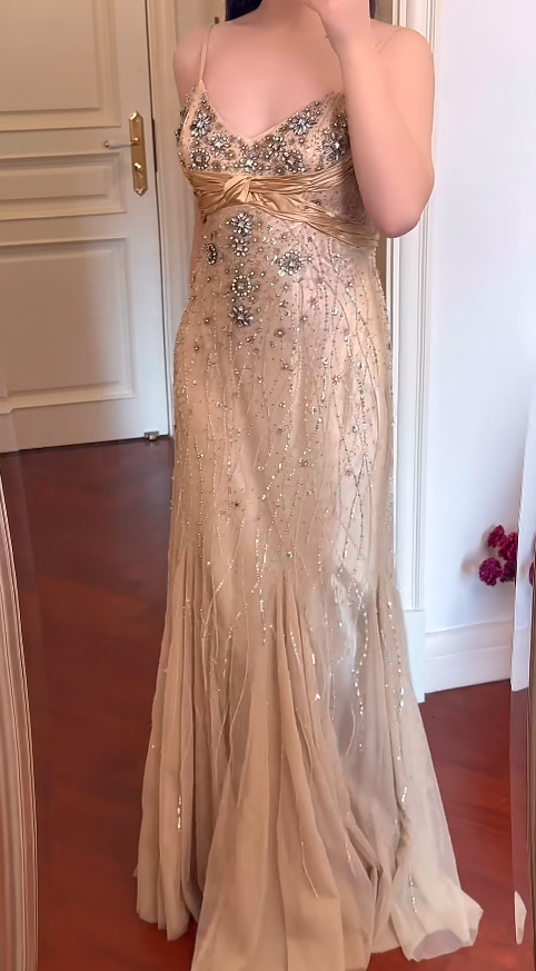 Vintage Gold Long Prom Dresses Chiffon Spaghetti Straps Sheath Evening Dresses Beaded Sleeveless Party Dresses ED06243