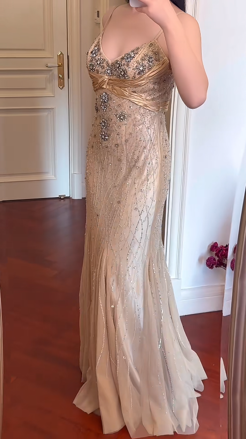 Vintage Gold Long Prom Dresses Chiffon Spaghetti Straps Sheath Evening Dresses Beaded Sleeveless Party Dresses ED06243