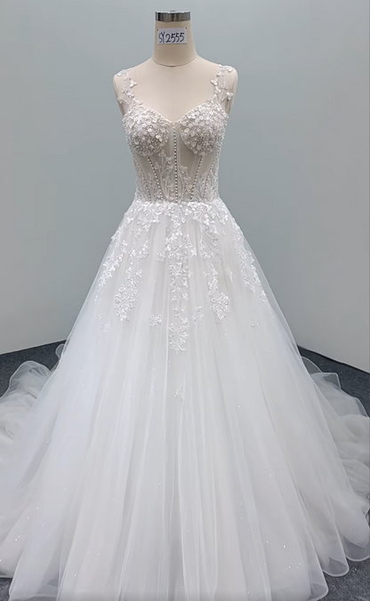 Timeless A-Line Long Wedding Dresses Tulle Spaghetti Straps White Bridal Gowns Sleeveless Bridal Dresses ED06244