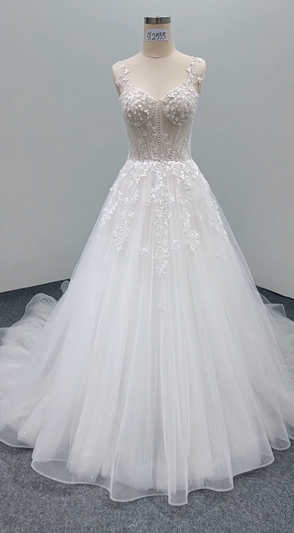 Timeless A-Line Long Wedding Dresses Tulle Spaghetti Straps White Bridal Gowns Sleeveless Bridal Dresses ED06244