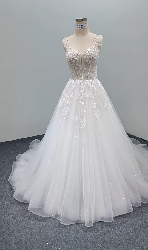 Timeless A-Line Long Wedding Dresses Tulle Spaghetti Straps White Bridal Gowns Sleeveless Bridal Dresses ED06244