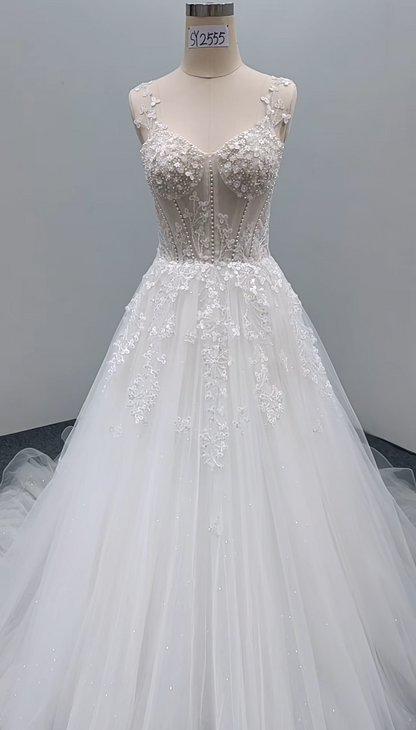 Timeless A-Line Long Wedding Dresses Tulle Spaghetti Straps White Bridal Gowns Sleeveless Bridal Dresses ED06244