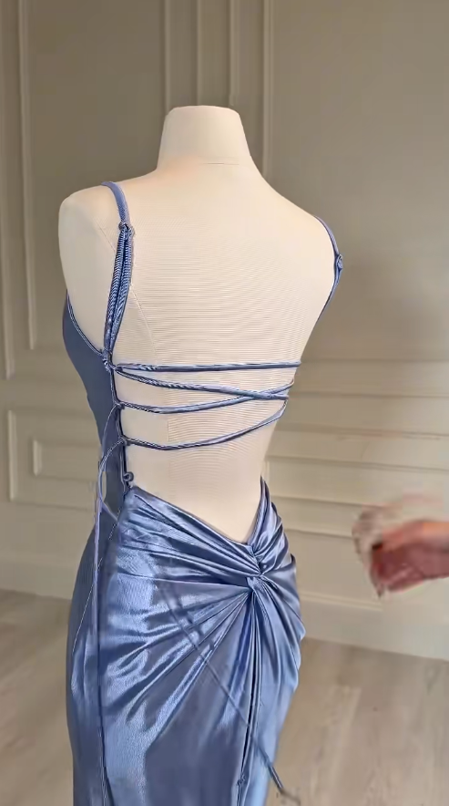 Elegant Blue Long Prom Dresses Satin V-neck Mermaid Evening Gowns Sleeveless Party Dresses ED06247