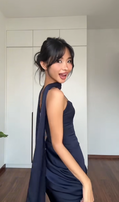 Spaghetti Straps Sheath Satin Evening  Navy Blue Dress Navy Blue Prom Dress