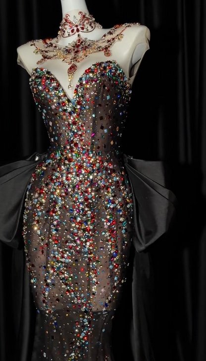 Elegant Black Long Prom Dresses Tulle Rhinstones Mermaid Evening Gowns ED06252