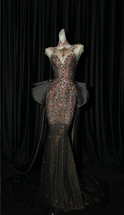 Elegant Black Long Prom Dresses Tulle Rhinstones Mermaid Evening Gowns ED06252