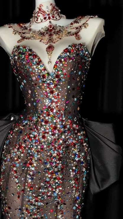Elegant Black Long Prom Dresses Tulle Rhinstones Mermaid Evening Gowns ED06252