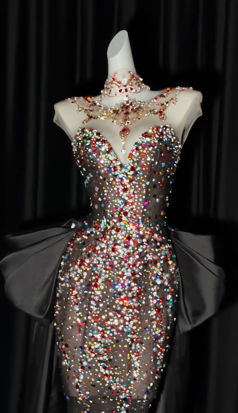 Elegant Black Long Prom Dresses Tulle Rhinstones Mermaid Evening Gowns ED06252