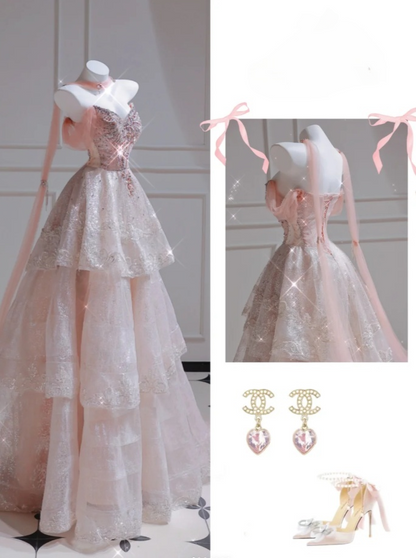 Elegant Pink Long Prom Dresses Tulle Beaded A-Line Evening Gowns Sweetheart Birthday Dresses ED06253