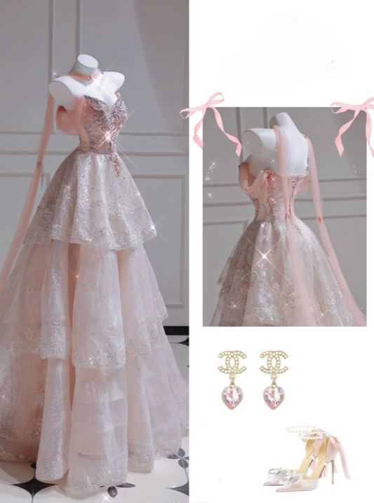 Elegant Pink Long Prom Dresses Tulle Beaded A-Line Evening Gowns Sweetheart Birthday Dresses ED06253