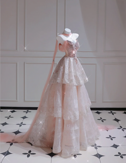 Elegant Pink Long Prom Dresses Tulle Beaded A-Line Evening Gowns Sweetheart Birthday Dresses ED06253