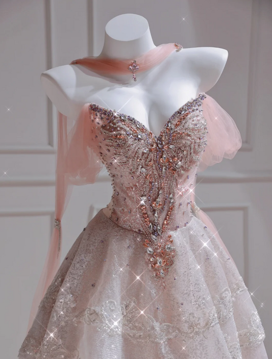 Elegant Pink Long Prom Dresses Tulle Beaded A-Line Evening Gowns Sweetheart Birthday Dresses ED06253