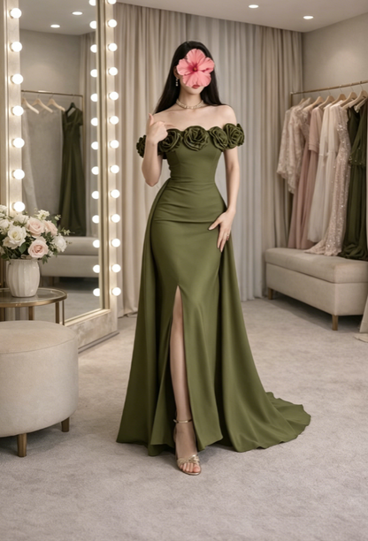 Elegant Brown Prom Dresses Satin Chiffon Sheath Long Evening Gowns Off-shoulder Birthday Dresses ED06255