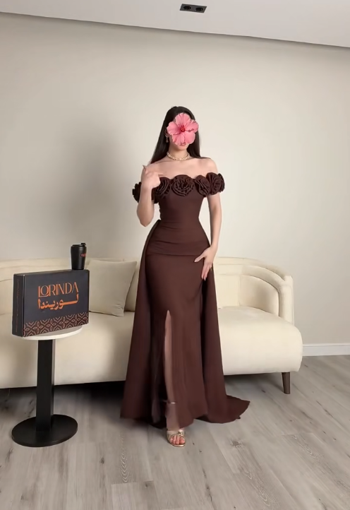 Elegant Brown Long Prom Dresses Chiffon Sheath Evening Gowns Off-shoulder Birthday Dresses ED06255