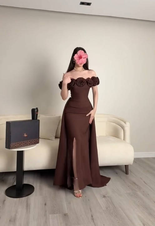 Elegant Brown Prom Dresses Satin Chiffon Sheath Long Evening Gowns Off-shoulder Birthday Dresses ED06255