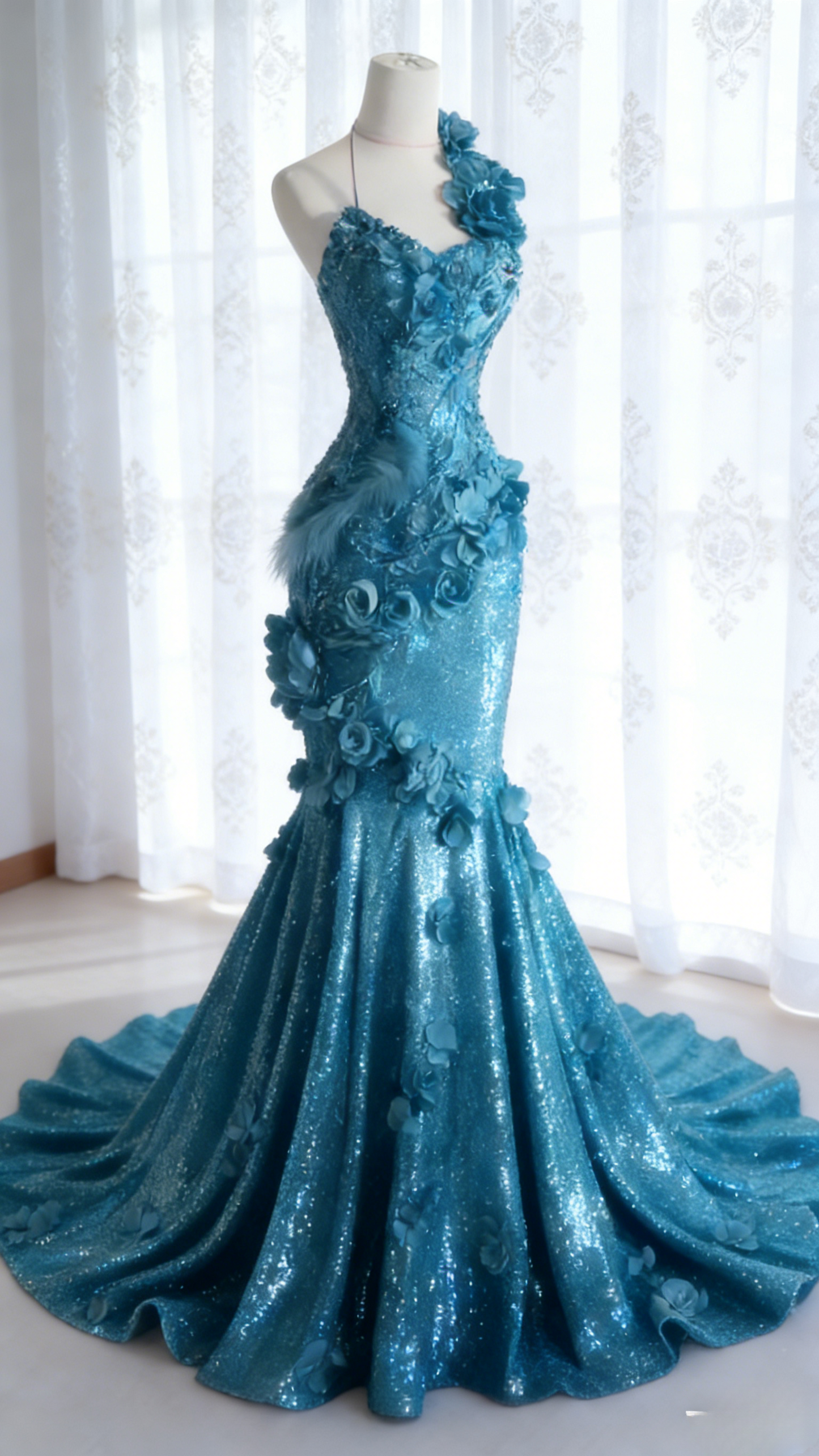 Gorgeous Mermaid Blue Long Prom Dresses Applique Sequins Halter Sleeveless Evening Dresses ED06256