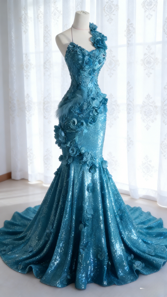 Gorgeous Mermaid Blue Long Prom Dresses Applique Sequins Halter Sleeveless Evening Dresses ED06256