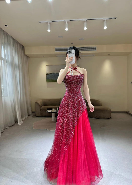 Gorgeous A-Line Burgundy Long Prom Dresses Beaded Tulle Sleeveless Evening Dresses Halter Birthday Dresses ED06258