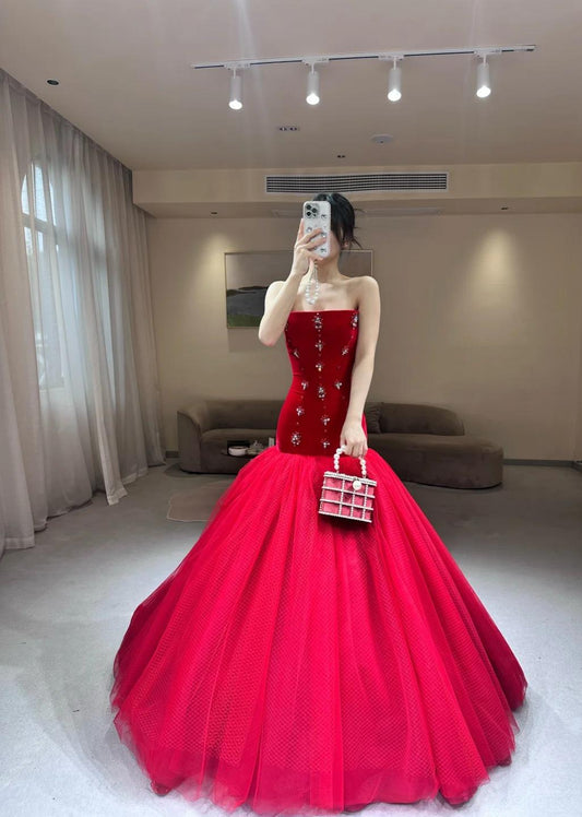 Gorgeous Mermaid Burgundy Long Prom Dresses Beaded Tulle Sleeveless Evening Dresses Strapless Birthday Dresses ED06259