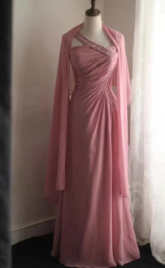 Gorgeous A-Line Pink Long Prom Dresses, Chiffon Asymmetrical Neckline Evening Dresses, Sleeveless Birthday Dresses ED06261