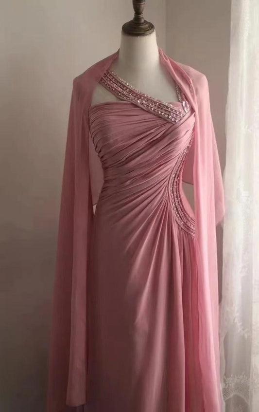 Gorgeous A-Line Pink Long Prom Dresses, Chiffon Asymmetrical Neckline Evening Dresses, Sleeveless Birthday Dresses ED06261