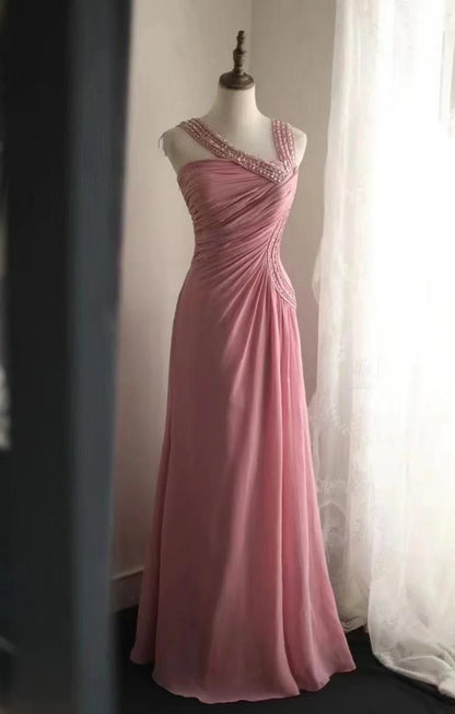 Gorgeous A-Line Pink Long Prom Dresses, Chiffon Asymmetrical Neckline Evening Dresses, Sleeveless Birthday Dresses ED06261