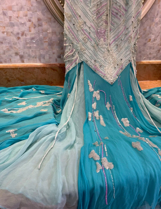 Fairy Sheath Blue Long Prom Dresses, Beaded Chiffon Spaghetti Straps Evening Dresses, Sleeveless Birthday Dresses ED06266