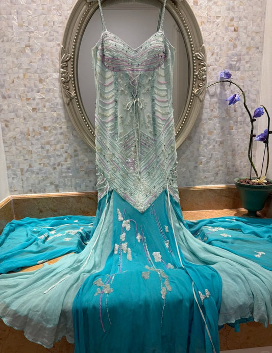 Fairy Sheath Blue Long Prom Dresses, Beaded Chiffon Spaghetti Straps Evening Dresses, Sleeveless Birthday Dresses ED06266