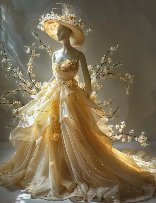 Fairy A-Line Yellow Long Prom Dresses, Tulle Strapless Evening Dresses, Sleeveless Birthday Dresses ED06267