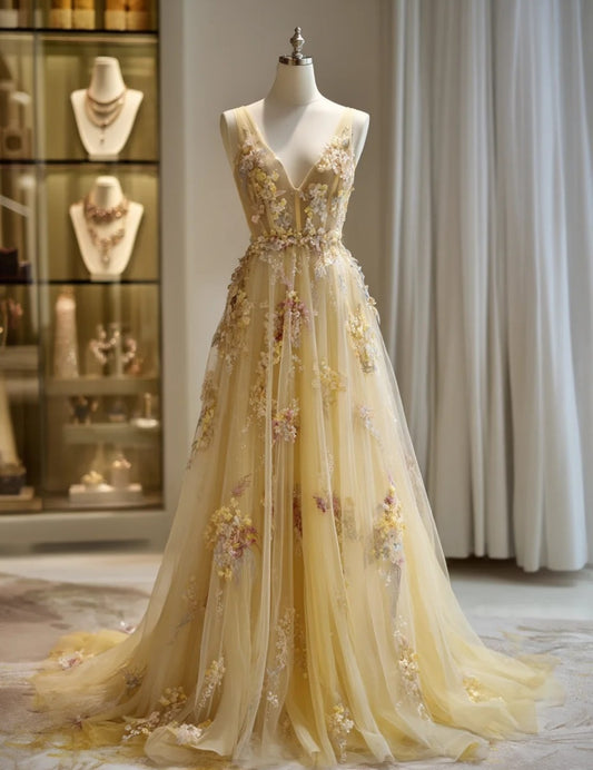 Fairy A-Line Yellow Long Prom Dresses, Tulle Flowers V-Neck Evening Dresses, Sleeveless Birthday Dresses ED06268