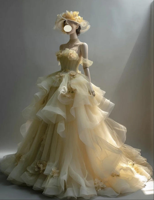 Fairy A-Line Yellow Long Prom Dresses, Tulle Off-shoulder Evening Dresses, Sleeveless Birthday Dresses ED06269