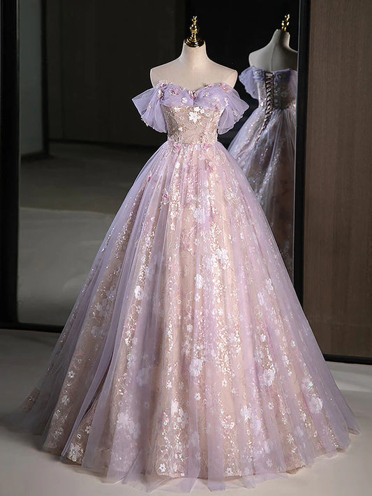 A-Line Sweetheart Neck Tulle Lace Purple Long Prom Dress, Purple Long Formal Dress ED0627