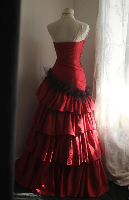 Fairy Sheath Burgundy Long Prom Dresses, Tiered Satin Strapless Evening Dresses, Sleeveless Birthday Dresses ED06270
