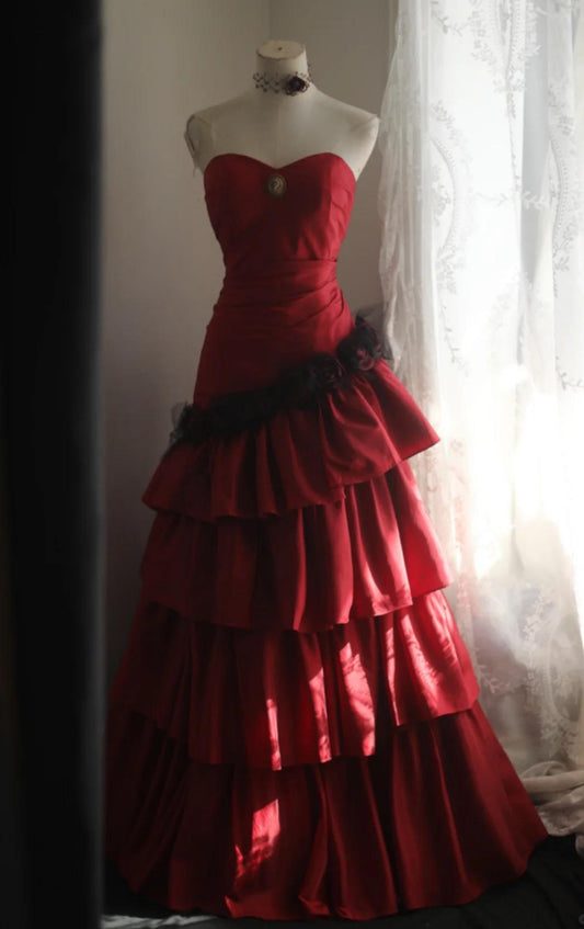 Fairy Sheath Burgundy Long Prom Dresses, Tiered Satin Strapless Evening Dresses, Sleeveless Birthday Dresses ED06270