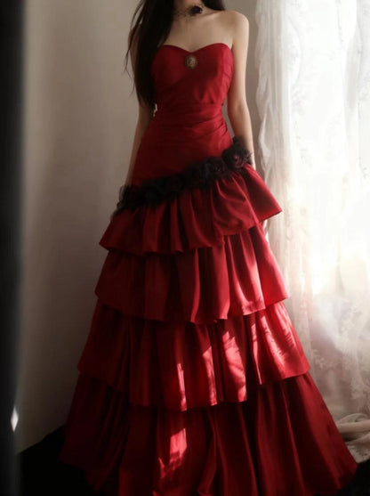 Fairy Sheath Burgundy Long Prom Dresses, Tiered Satin Strapless Evening Dresses, Sleeveless Birthday Dresses ED06270