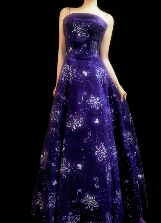 Fairy A-Line Purple Long Prom Dresses, Beaded Satin Spaghetti Straps Evening Dresses, Sleeveless Birthday Dresses ED06271