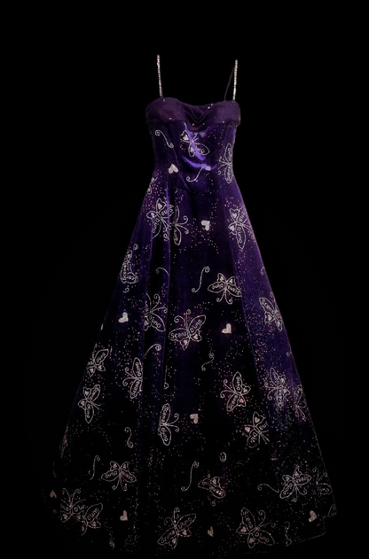 Fairy A-Line Purple Long Prom Dresses, Beaded Satin Spaghetti Straps Evening Dresses, Sleeveless Birthday Dresses ED06271