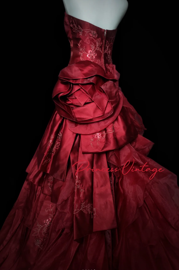 Fairy A-Line Burgundy Long Prom Dresses, Beaded Satin Strapless Evening Dresses, Sleeveless Birthday Dresses ED06272