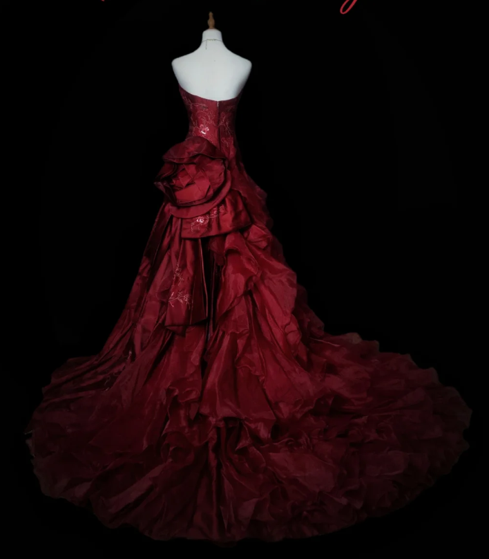 Fairy A-Line Burgundy Long Prom Dresses, Beaded Satin Strapless Evening Dresses, Sleeveless Birthday Dresses ED06272