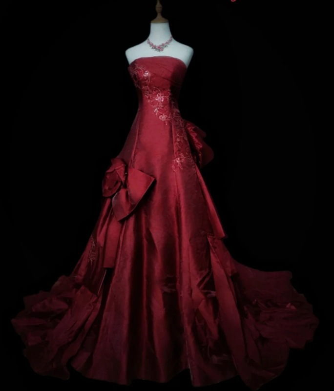 Fairy A-Line Burgundy Long Prom Dresses, Beaded Satin Strapless Evening Dresses, Sleeveless Birthday Dresses ED06272