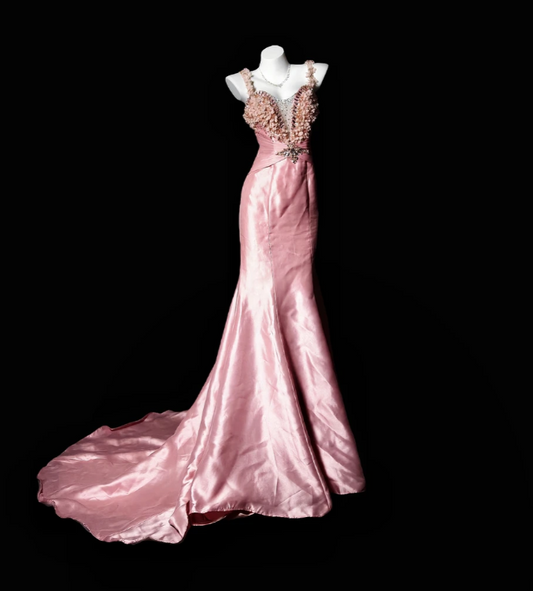 Fairy Memaid Pink Long Prom Dresses, Beaded Satin Straps Evening Dresses, Sleeveless Birthday Dresses ED06273