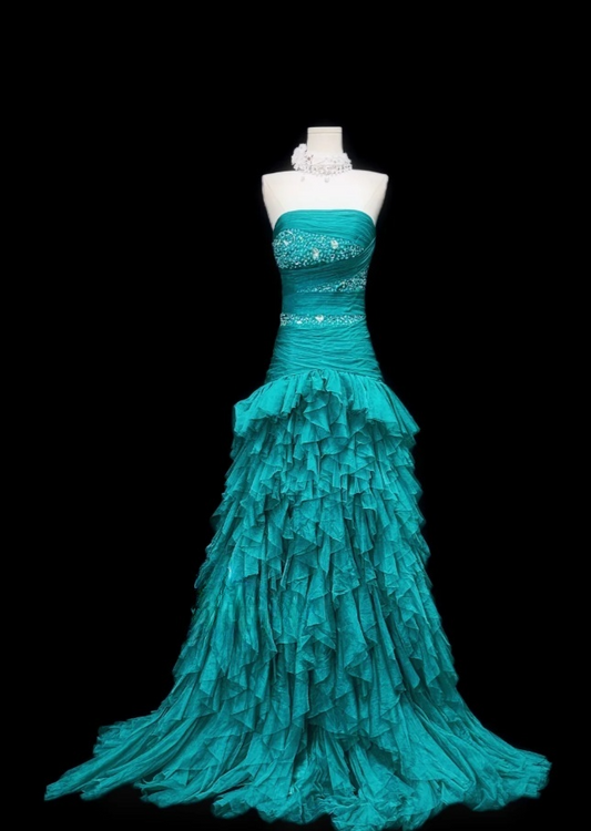 Fairy Sheath Turquoise Long Prom Dresses, Tulle Strapless Evening Dresses, Sleeveless Birthday Dresses ED06274