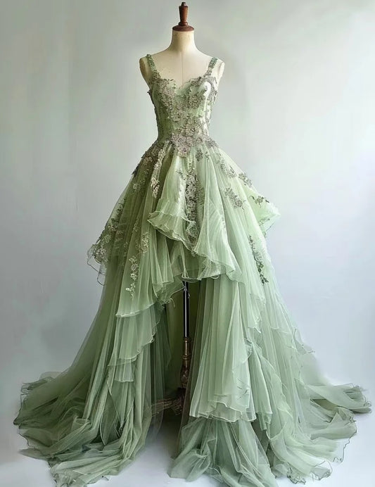 Fairy A-Line Green Long Prom Dresses, Tulle Spaghetti Straps Evening Dresses, Sleeveless Birthday Dresses ED06276